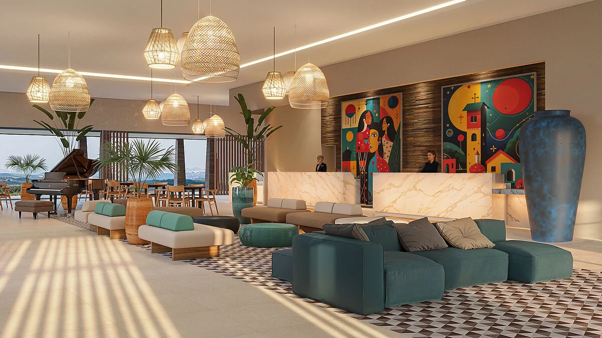 Perspectiva ilustrativa de lobby do Cataguá Resort Esmeralda
