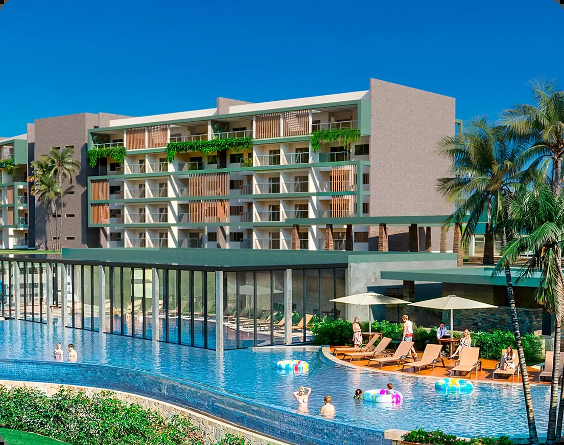 Perspectiva da fachada e piscina do Cataguá Resort Esmeralda