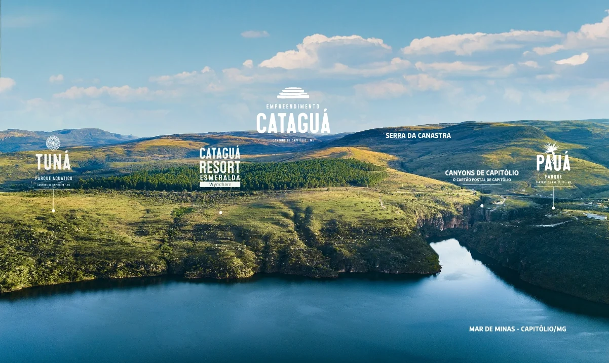 Panorama do empreendimento Cataguá: Tuná à esquerda, resort ao centro e Pauá à direita, junto aos Canyons e ao Mar de Minas